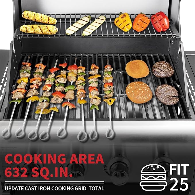 4-Burner Propane Gas BBQ Grill with Side Burner, Barbecue Gas Grill with Enameled Cast Iron Grates for Outdoor Patio Garden Barbecue, 53,000 BTU, Stainless Steel Grill Cover included