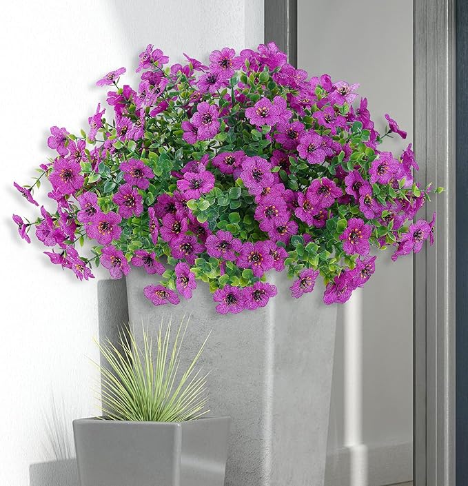 10 Bundles Artificial Faux Flowers for Outdoor,10Pcs Fake Flowers for Home Decor,Plastic Flowers Shrubs Lifelike Artificial Greenery Home Porch Stems Outside Decor(Fuchsia)