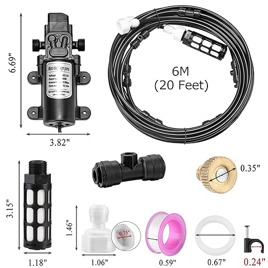 CozyCabin Outdoor Misting Cooling System with Pump - 40ft (12m) Misting Line with Filter + 6 Brass Mist Nozzles (3/4") for Patio Garden Greenhouse Watering Distribution System (6m (20ft))