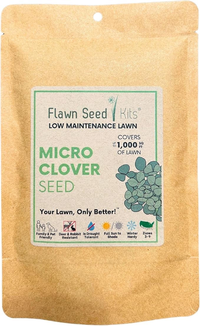 Flawn Seed Kits Micro Clover Seed, Organic Coated, Eco-Friendly, Low Growing, Low Maintenance, Lawn Alternative, Kraft Pouch, 4.4 oz Covers up to 1000 Sqft