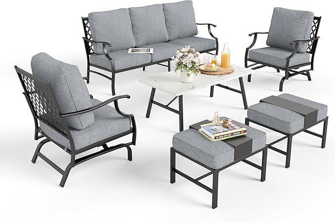 Patio Furniture Set 6 pcs, Outdoor Patio Furniture, 3-Seat Sofa, 2 Rocking Chairs, 2 Ottomans, Coffee Table and 5.75" Extra Thick Cushion, Patio Conversation Set for Backyard Deck,Grey