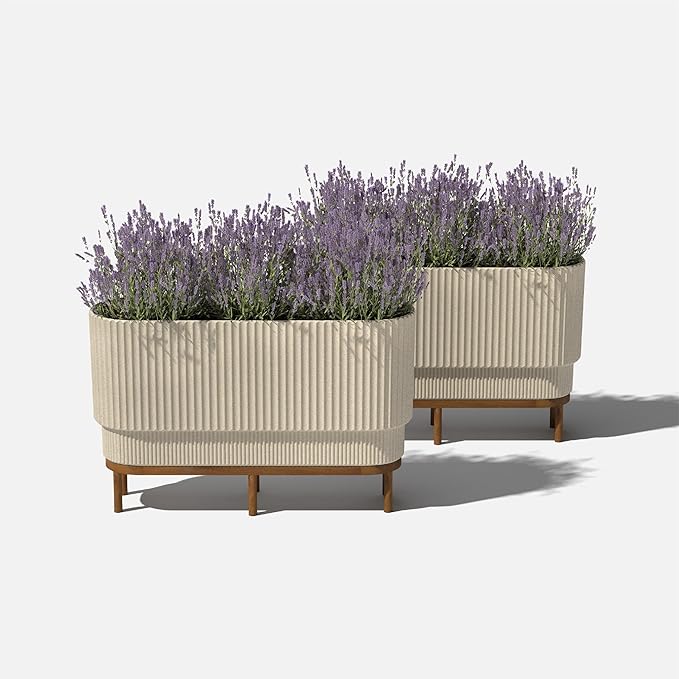 Veradek Demi Series Raised Long Planter for Indoor/Outdoor Use | Made from Plastic & Stone w/Wooden Stand | Modern Patio Décor for Flowers/Shrubs
