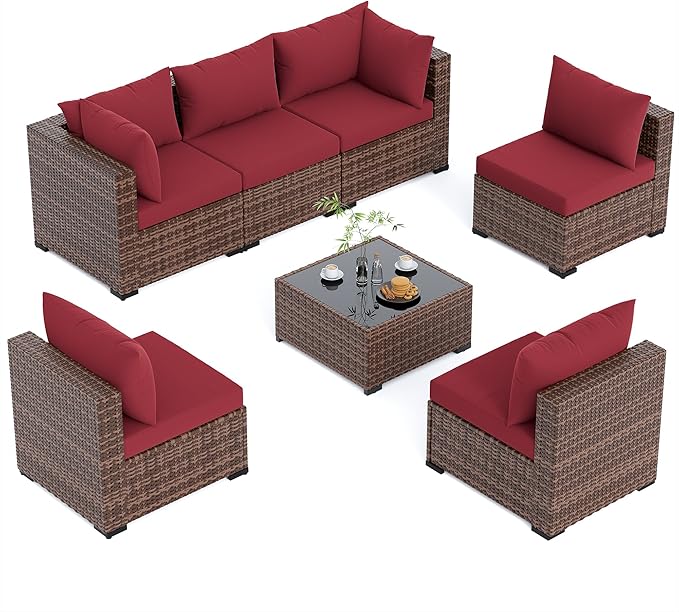 UDPATIO Patio Furniture Set, 7 Piece Outdoor Sectional Sofas with Wicker Coffee Table, Outdoor Patio Conversation Set for Garden, Backyard Wine
