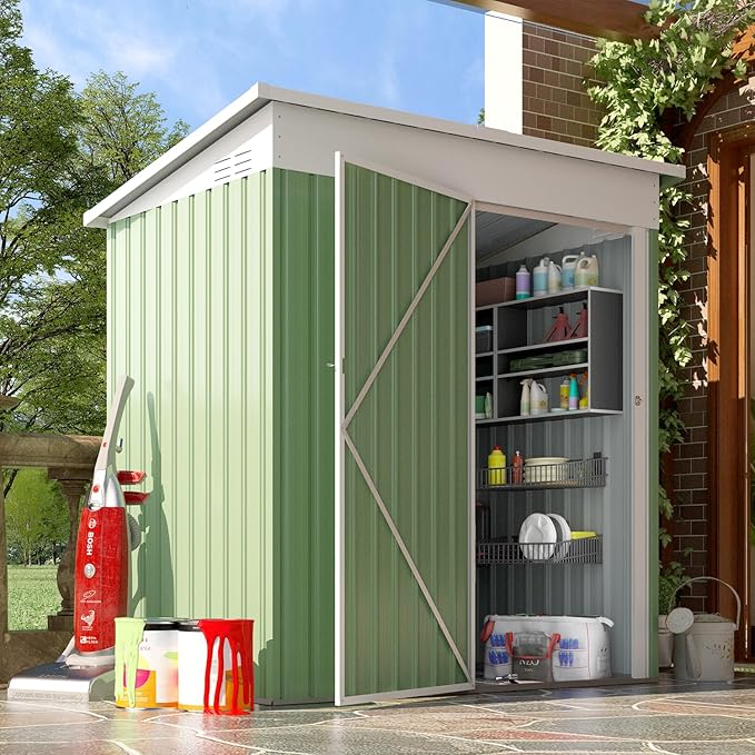 AECOJOY 5' x 3' Outdoor Storage Shed, Small 3x5 Metal Sheds & Outdoor Storage Clearance with Lockable Door, Utility and Tool Storage Cabinet Garden Shed for Backyard, Patio, Outside use in Green
