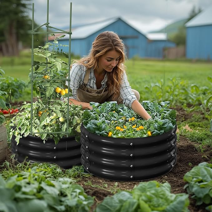 SUNYRISY 3 Pcs Galvanized Raised Garden Bed with Tomato Cages Trellis, Metal Outdoor Planter Garden Box with Plant Stakes Support for Climbing Plants Gardening Flowers Vegetables Herbs, Black