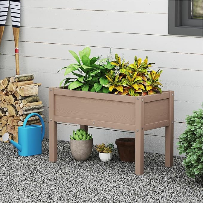 Small HDPE Raised Garden Bed, Elevated Planter Box with Legs, Outdoor All-Weather Planter Raised Beds for Seeds, Herb, Flower, Vegetable (Khaki)