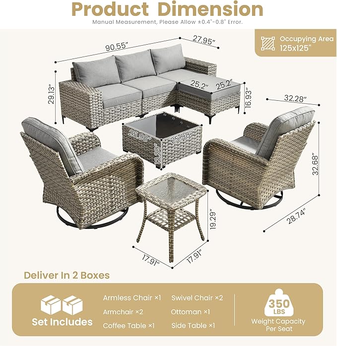 HOOOWOOO Outdoor Sectional Furniture Set,8 Pieces Wicker Patio Conversation Sets,L Shape All Weather Outside Couch Sofa Set with Swivel Chairs Ottoman,Charcoal Gray