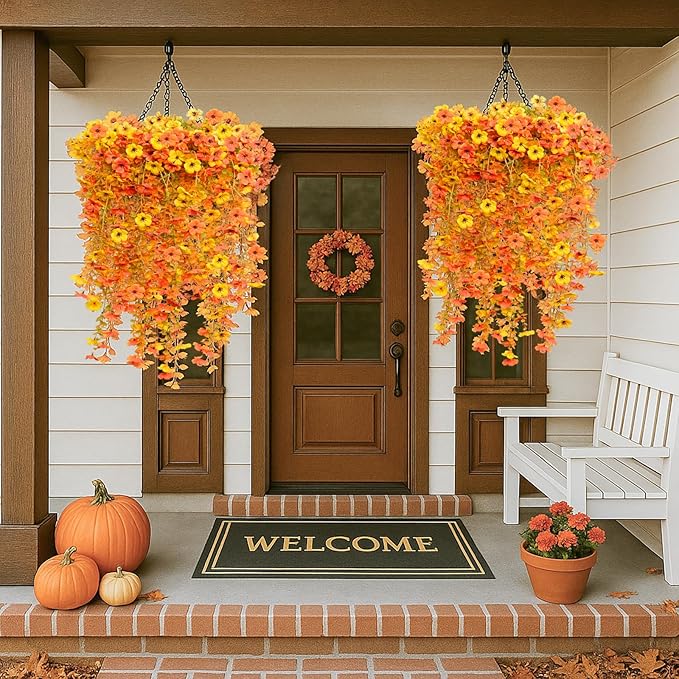 8PCS Hanging Fake Mums for Fall Decor,UV Resistant Artificial Flowers,Faux Mums for Outdoor Planters,Fall Flowers Artificial Decorations for Porch, Patio (OrangeYellow)