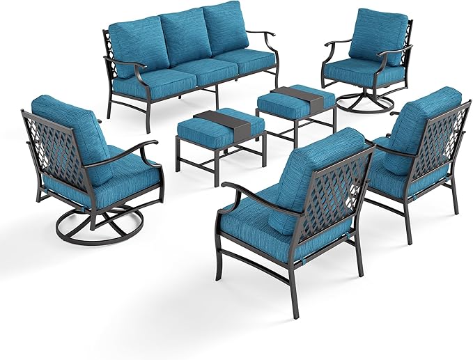 7 Piece Metal Outdoor Patio Furniture Set, Patio Conversation Sets 3-seater Sofa, 2 Fixed Chairs, 2 Swivel Chairs, 2 Ottomans with 5.75" Thick Cushion, Black Backyard Furniture, Blue-2