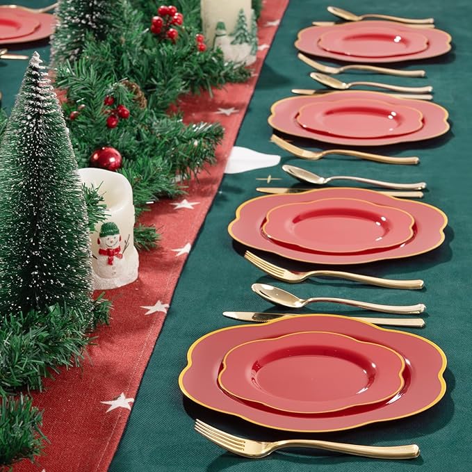 Liacere 50PCS Red Plastic Plates - Heavy Duty Disposable Plate-Red and Gold Include 25PCS Dinner Plate, 25PCS Dessert Plates for Halloween&Thanksgiving&Christmas