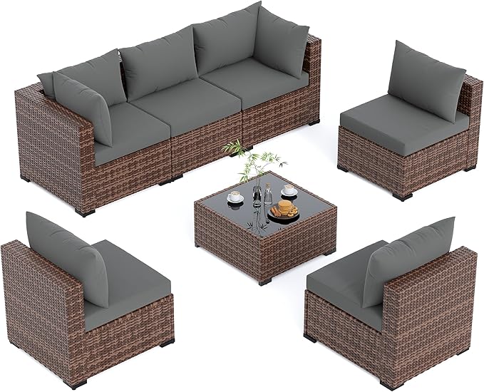 UDPATIO Patio Furniture Set, 7 Piece Outdoor Sectional Sofas with Wicker Coffee Table, Outdoor Patio Conversation Set for Garden, Backyard Dark Grey