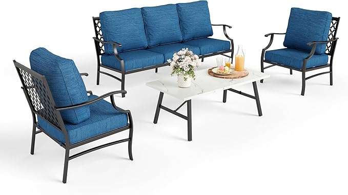 Patio Furniture Set 4 pcs, Metal Outdoor Patio Furniture, 3-Seat Sofa, 2 Single Chairs, Coffee Table and 5.75" Extra Thick Cushion, Conversation Set for Backyard Deck, Gemstone Blue