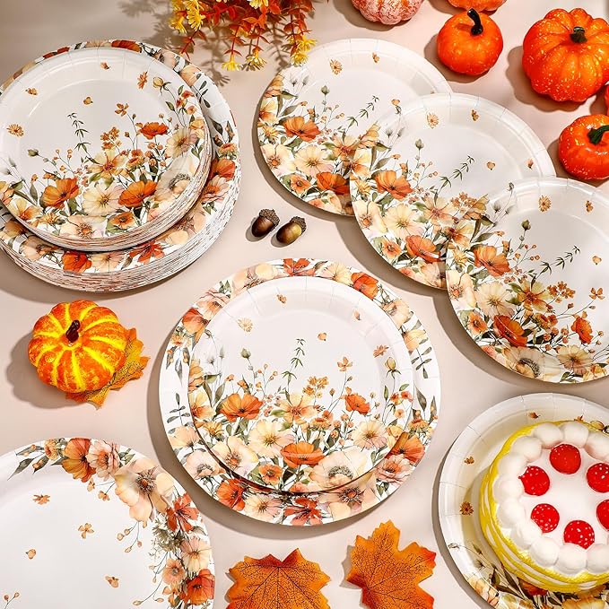Mumufy 100 Pack Fall Floral Paper Plates 9" & 7" Disposable Autumn Wildflower Cake Dessert Plates Watercolor for Dinner Wedding Baby Shower Birthday Fall Tea Party Decoration Supplies