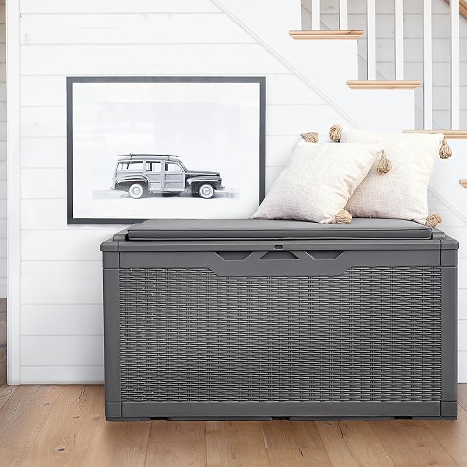 Flamaker Deck Box with Cushion 100 Gallon Waterproof Resin Storage Box with Air Rod Indoor Outdoor Lockable Storage Bench for Patio Furniture, Tools, Pool Accessories (Gray)