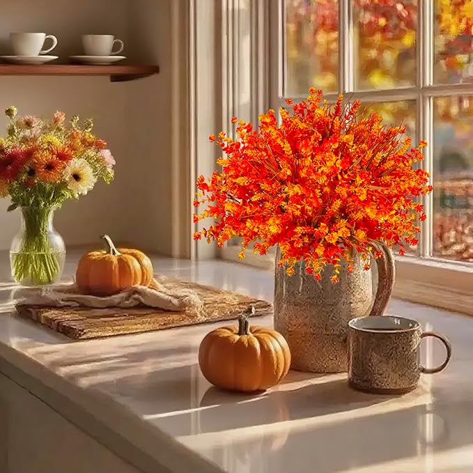 Artificial Faux Fall Mums Flowers Plants for Outdoor Outside, 12 Bundles Fake Autumn Orange Daisy Plastic Shrubs Greenery Realistic UV Resistant for Front Door Porch Patio Balcony Garden Yard Decor