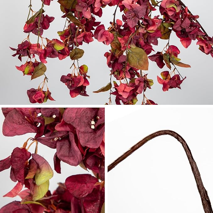 Artificial Bougainvillea Branches 47" Long Wisteria Vines Trailing Artificial Flowers for Front Door Porch Planter Urn Patio Balcony Drooping Flowers Dark Mauve Bugambilias for Planters