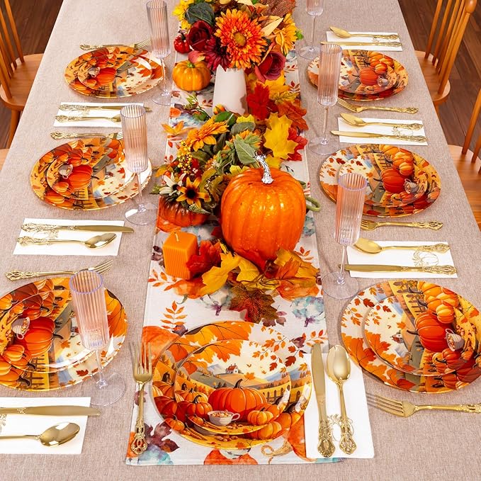 60PCS Thanksgiving Plastic Plates - Heavy Duty Fall Plastic Plates - Pumpkin Disposable Plates Include 30 Dinner & 30 Dessert Plate for Friendsgiving Party Holiday