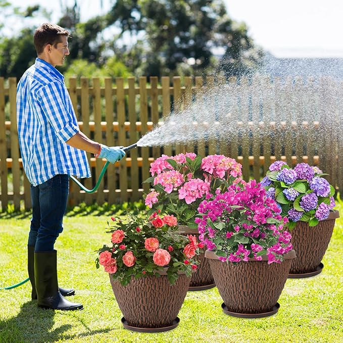 4 Pack 10 Inch Plant Pot, Flower Pots Outdoor with Drainage Hole & Tray, Thickened Plastic Planters for Indoor Outdoor Plants, Lightweight Modern Decorative Garden Pot with Saucer