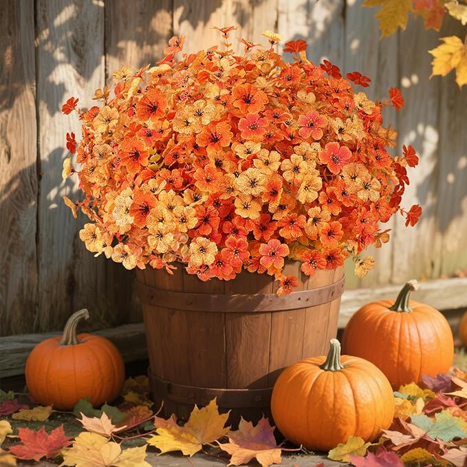 AmyHomie 16 Bundles Fall Orange Yellow Artificial Flowers for Outdoor Fall Decor UV Resistant Faux Flowers No Fade Fake Plastic Plants Garden Porch Window Box Decorating