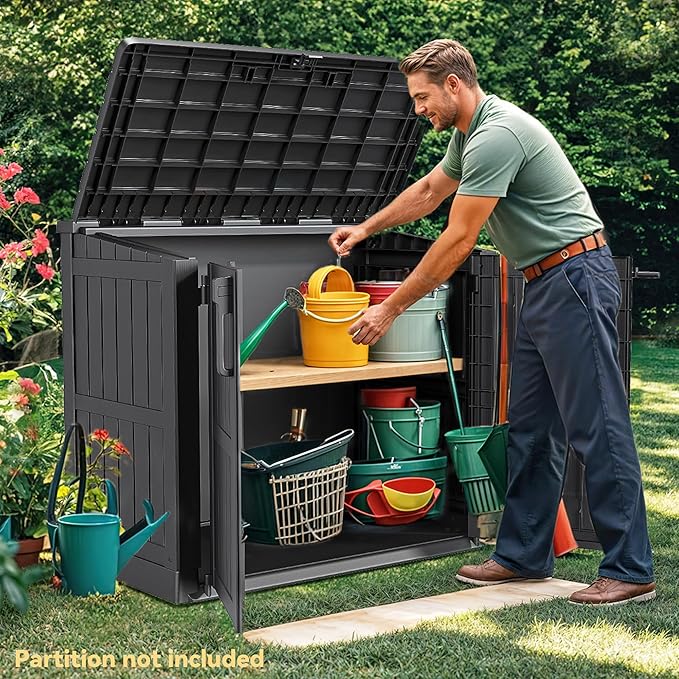 DWVO Tool Storage Shed, Storage for Bakcyard, Patio, and Garden, Resin Plastic Shed with Sloped Lid, Lockable Door, and Wood Grain Finish, Black