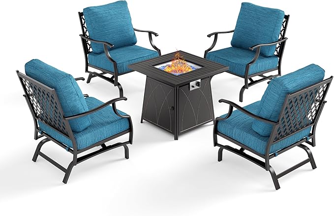 5 Piece Metal Outdoor Patio Furniture Set with Fire Pit Table, Patio Conversation Sets 4 Rocking Chairs with 5.75" Thick Cushion and 5000 BTU Fire Pit Table, Backyard Furniture, Blue-2