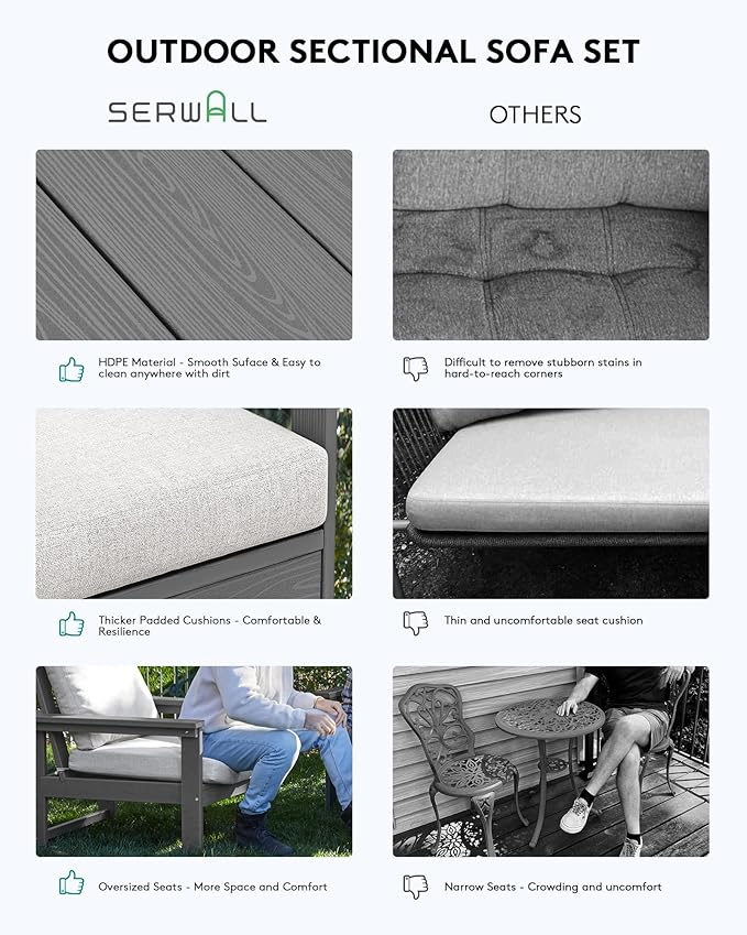 SERWALL Outdoor Patio Sofa Set, 2-Piece HDPE Single Seat Outdoor Sofa Chair with Padded Cushions, Gray Frame with Beige Cushion