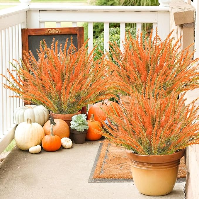 36 Pcs Artificial Fall Flowers Outdoor, UV Resistant Fake Lavender Flowers Faux Plastic Fall Plants Shrubs Bushes for Indoor Outside Planters Porch Window Box Patio Home Decor(Orange)