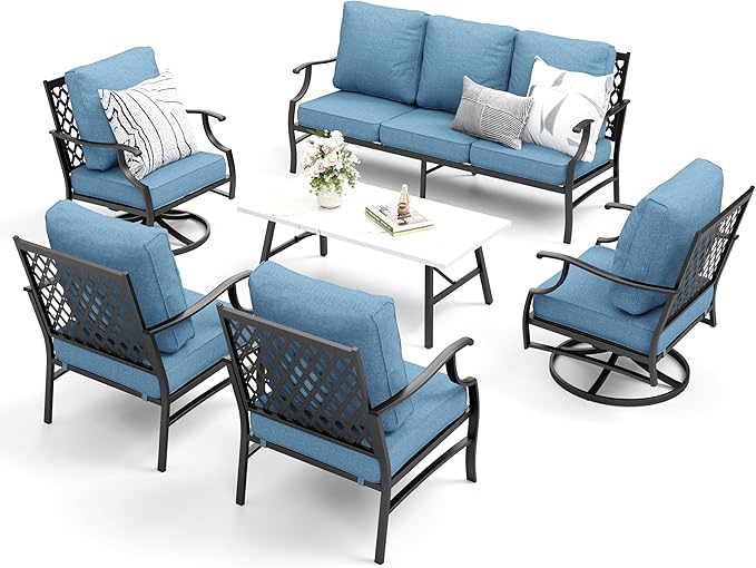 Patio Furniture Set 6 pcs, Outdoor Patio Furniture, 1 X 3-Seat Sofa, 2 X Single Chairs, 2 X Swivel Chairs, 1 X Coffee Table and 5.75" Extra Thick Cushion, Patio Conversation Set,Navy Blue