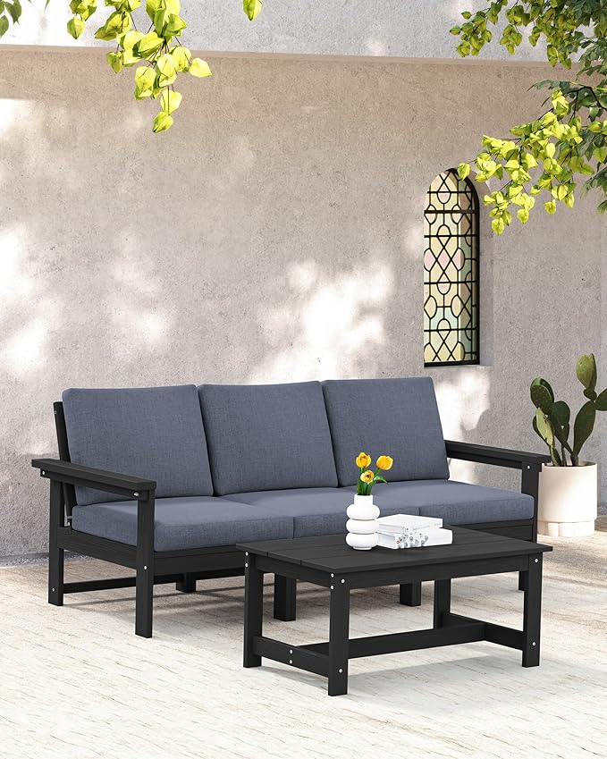 SERWALL HDPE Patio Sofa Set, 4-Piece Sectional Outdoor Furniture Set, All Weather Outdoor Couch Set Patio Furniture Set for Deck, Lawn, Black Frame with Grey Cushion