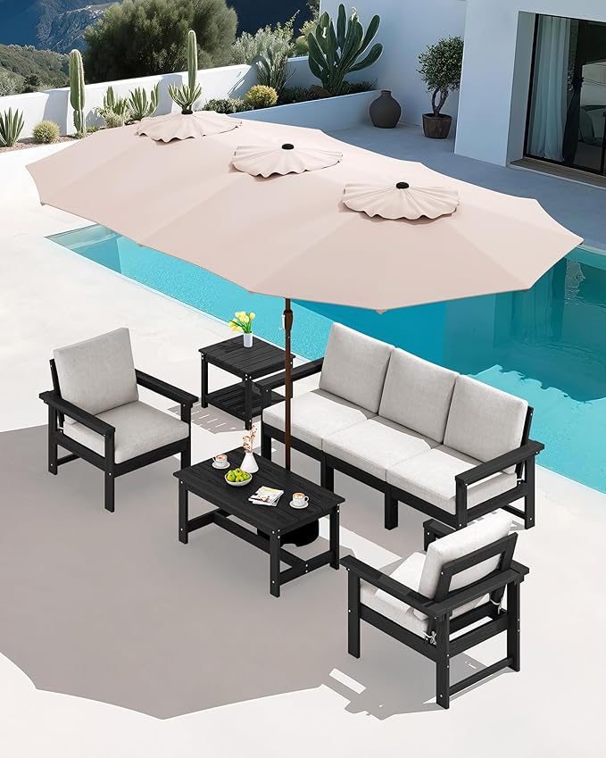 SERWALL HDPE Patio Furniture Set with 15FT Double Side Patio Umbrella, 7-Piece Outdoor Modular Sectional Sofa Set, All Weather Patio Couch Set for Deck, Black & Beige(Umbreall Base not Included)