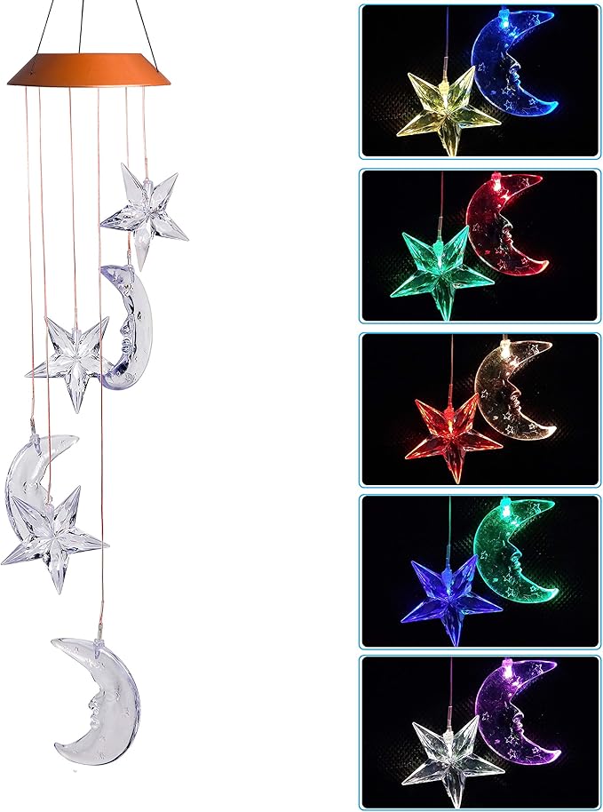 LED Solar Moon and Star Wind Chimes Outdoor - Waterproof Solar Mobile Romantic Changing Color Stars and Moon Wind Chimes Light Decor for Home, Gifts For Mom, Balcony, Festival, Night Garden Decoration