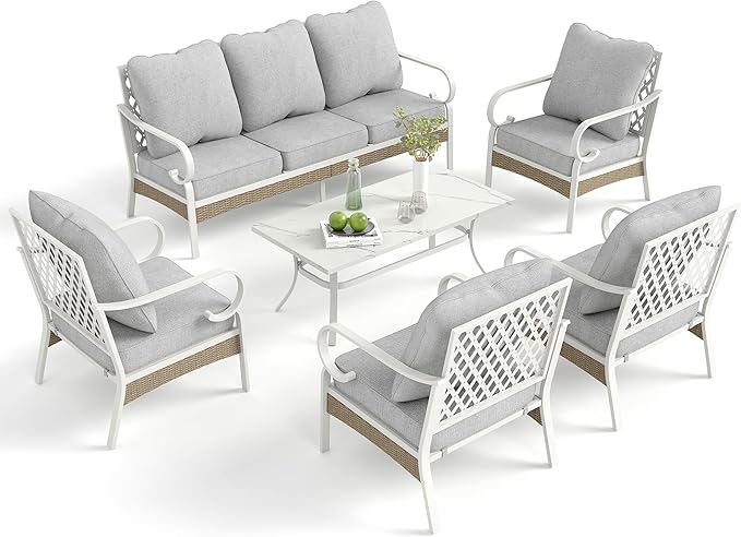 6 Piece Patio Furniture Set, 4 x Fixed Chair, 1 x 3-Seat Sofa with Marbling Coffee Table, 7 Seats Outdoor Conversation Set for Lawn Garden Backyard, Light Gray