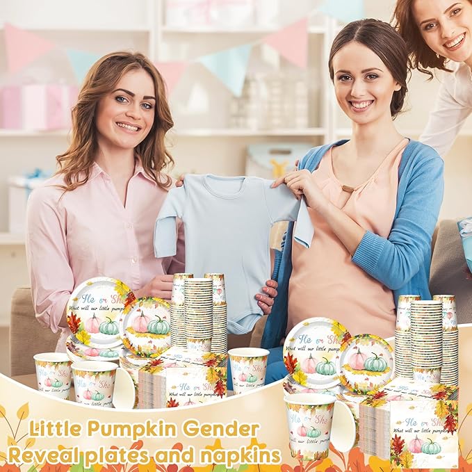 Hsei 250 Pcs Gender Reveal Pumpkin Plates and Napkins Party decorations Disposable Tableware Sets Baby Shower Birthday Party Supplies Serves 50 Guests Dinnerware Baby Bridal Shower Party Favors