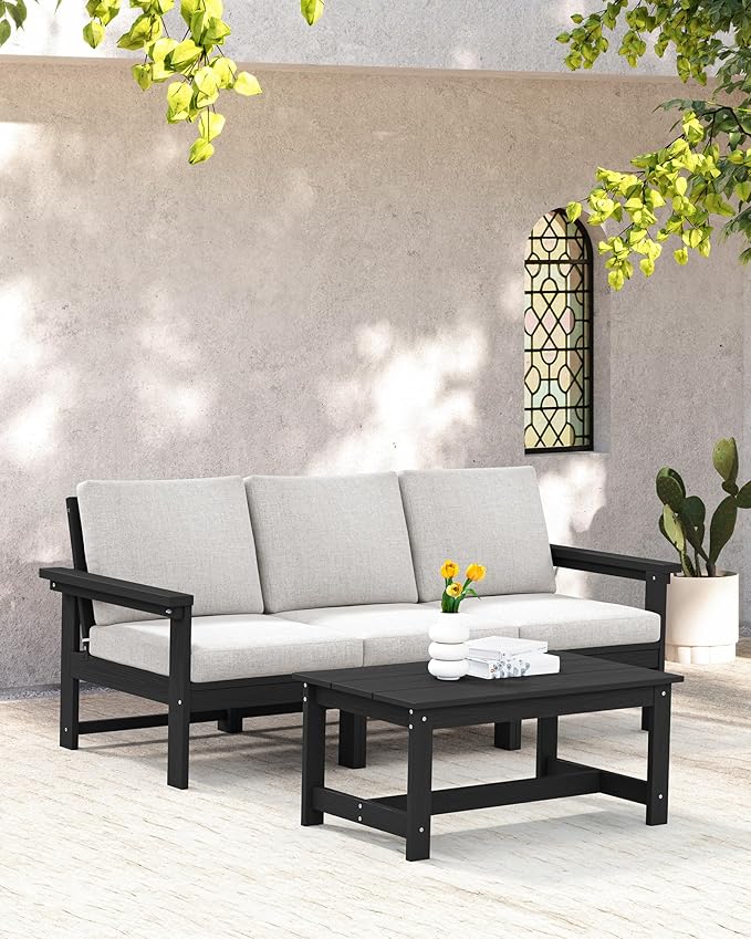 SERWALL HDPE Patio Sofa Set, 4-Piece Sectional Outdoor Furniture Set, All Weather Outdoor Couch Set Patio Furniture Set for Deck, Lawn, Black Frame with Khaki Cushion