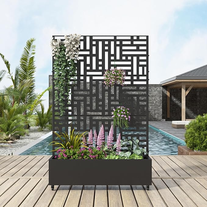 71"x47"x16" Metal Raised Garden Bed with Trellis, Trellis with Planter Box for Backyard Patio Balcony Climbing Plants, Black Helen