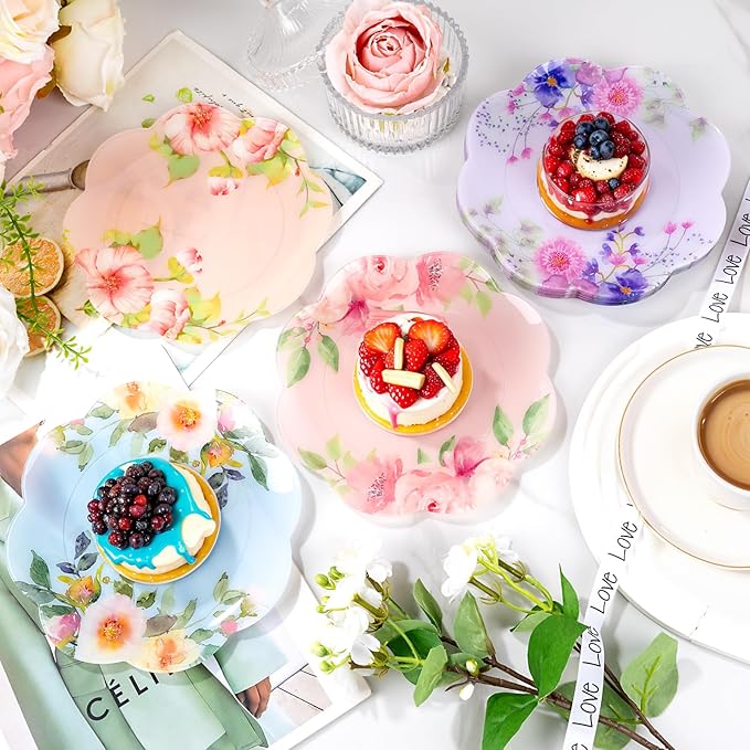 60Pcs Floral Plastic Plates - 7.5inch Dessert Plate Disposable - Heavy Duty Tea Party Plates - Premium Flower Plate Decorations for Birthday Baby Shower Wedding Party Supplies
