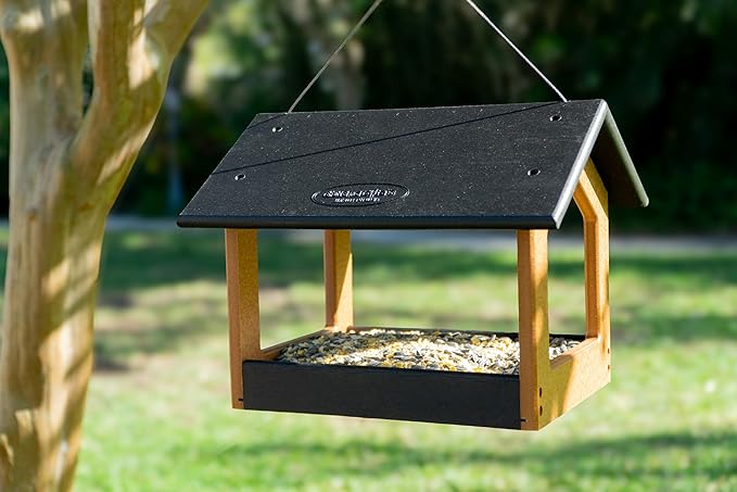 DutchCrafters Amish USA Made Recycled Plastic Large Hanging Modern Fly Through Covered Roof Open Platform Tray Bird Feeder for Outdoors, Garden, Yard (Black & Bright Cedar)