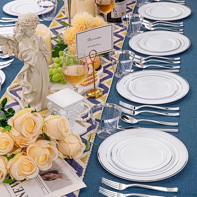 WELLIFE 600 Pcs Sliver Disposable Dinnerware for 100 Guests, Dinnerware Set of 100 Dinner Plates, 100 Salad Plates, 100 Spoons, 100 Forks, 100 Knives, 100 Cups