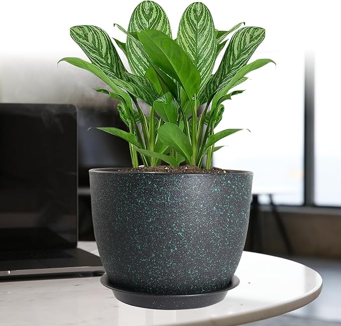 Modern Plant Pots Set, 9/8/7.5 inch Plastic Planters for Indoor Plants, Stylish Flower Pots with Drainage Holes and Saucers for House Plants and Flowers, Black with Green Speckles