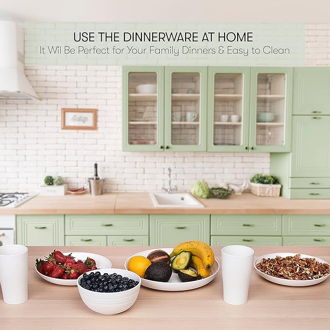 Wheat Straw Dinnerware Sets | Unbreakable Dinnerware Sets | Dishwasher Microwave Safe Dinnerware | Eco Friendly Non Breakable Dinnerware Sets | RV Outdoor Camping (White, Service for 4 (16 pcs))