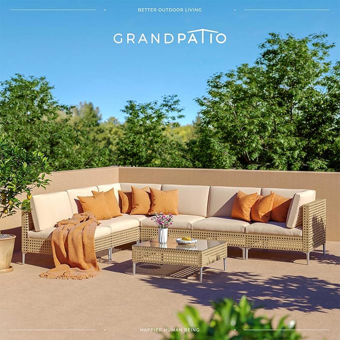 Grand patio 7-Piece Wicker Patio Furniture Set, Boho Outdoor Conversation Set Sectional Sofa with Water Resistant Thick Cushions and Coffee Table, Cream
