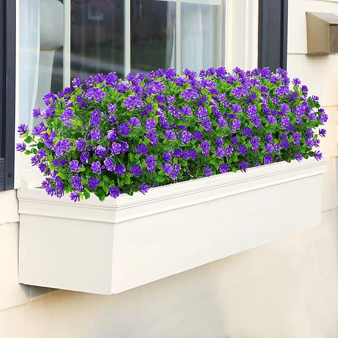 GREENRAIN Artificial Flowers Outdoor Fake Flowers for Decoration UV Resistant No Fade Faux Plastic Plants Garden Porch Window Box Décor (18 Bundles, 3#Purple)