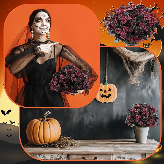 Lyrow 100 Bundles Violet Artificial Flowers, UV Resistant Faux Silk Flowers Outdoor, Fake Violet Bulk for Front Porch Hanging Garden Courtyard Farmhouse Home (Black and Red)