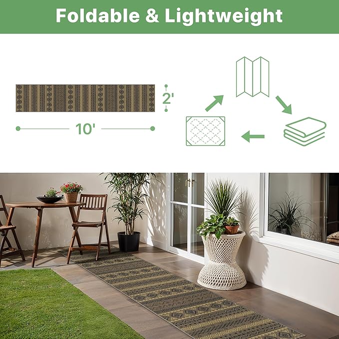 GENIMO Outdoor Rug for Patio Clearance, 2'x10' Reversible Plastic Straw Rugs, Lightweight Waterproof RV Camping Mat for Camper, Balcony, Deck, Backyard, Picnic, CoffeeBeige