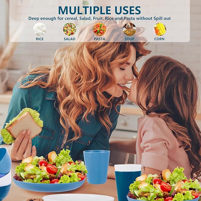 Rubtlamp 16pcs Wheat Straw Dinnerware Set, Unbreakable Plates And Bowls Sets of 4, Plastic Plates Set Reusable (Cold Four Colors) for Camping