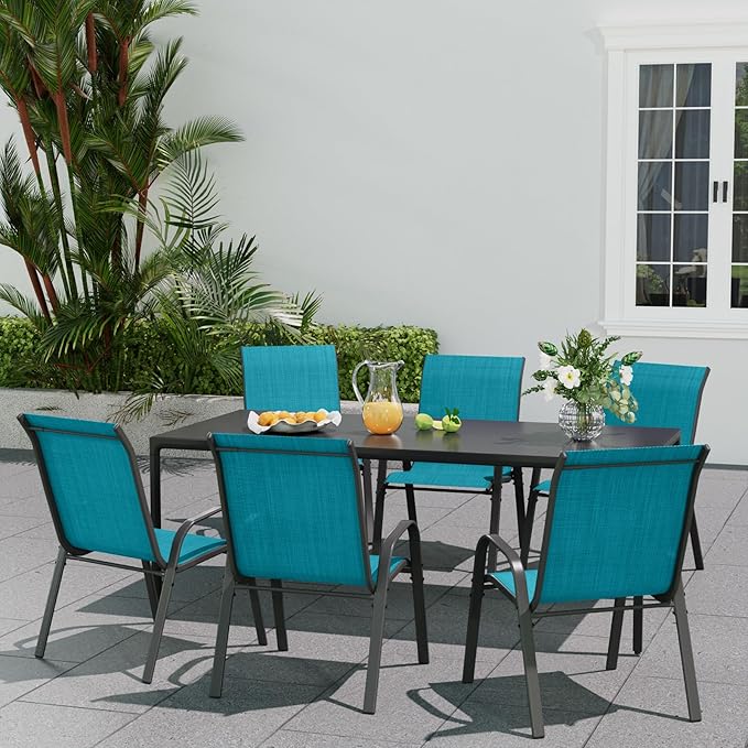 Patio Dining Chairs Set of 6, Stackable Dining Chairs High Back, Breathable Seat Fabric and Alloy Steel Frame Fit Backyard, Porch, Lawn,Poolside (Sky Blue)