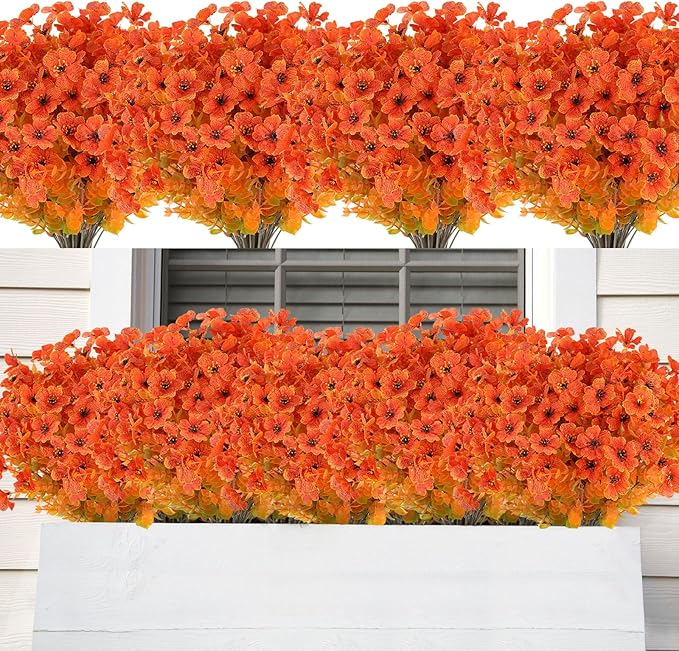 AmyHomie 16 Bundles Orange Artificial Fall Flowers for Outdoors Fall Decor UV Resistant Fake Mums Flowers No Fade Fake Plastic Plants Garden Porch Window Box Decorating