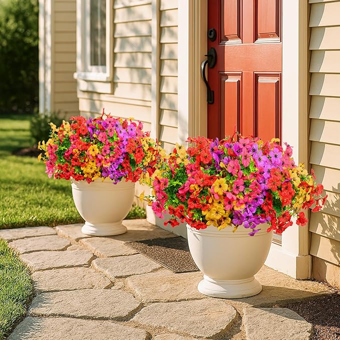 Artificial Flowers for Outdoors, 12 Bundles Outdoor Faux Plants,Uv Resistant Artificial Fake Flowers Plants, Realistic Spring Decor for Porch, Patio, Yard (RedYellowPurple)