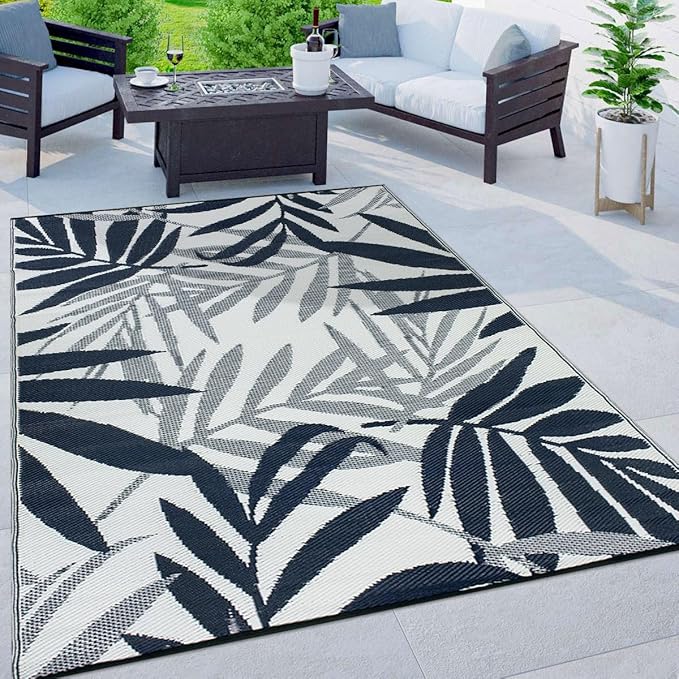 Rugshop Contemporary Floral Leaves Reversible Crease-Free Waterproof Premium Recycled Plastic Outdoor Rugs for Patio,Backyard,RV,Deck,Picnic,Trailer,Beach,Camping,Sunroom Navy 5' x 7'