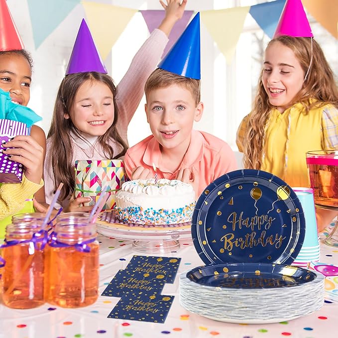 150PCS Happy Birthday Paper Plates and Napkins - 7 Inch Deep Blue Gold Dot Paper Plates and 6.5 Inch Napkins with 6.3 Inch Gold Forks Disposable Tableware Set for Birthday Party Decorations, Serves 50